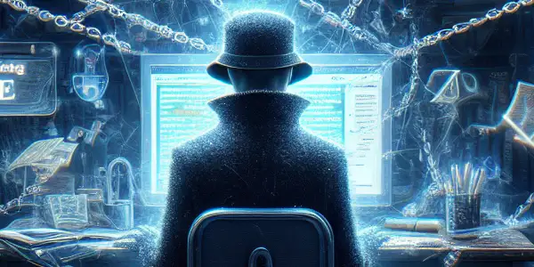 神秘的无性别角色坐在昏暗的房间中，专注于显示黑帽SEO算法的电脑屏幕。