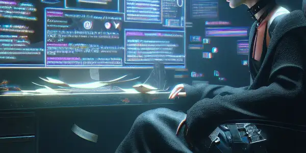 一个神秘的无性别人物坐在杂乱的桌子前，专注于发光的电脑屏幕，周围散落着文件和警告符号。