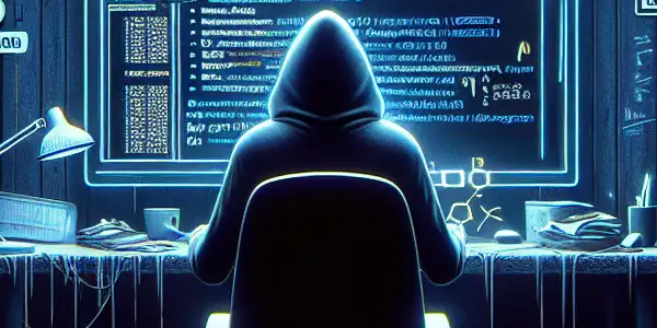 神秘的中性人物在昏暗杂乱的房间中专注于发光的电脑屏幕，显示黑帽SEO技术。