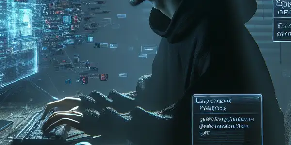 一个神秘的无性别角色坐在杂乱的房间里，专注于发光的电脑屏幕，周围漂浮着不道德SEO符号和警告标志。