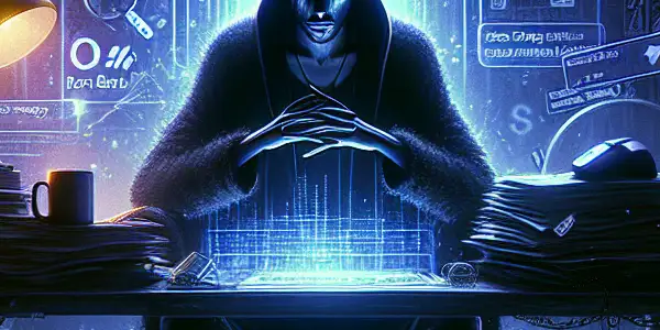 一个神秘的无性别角色坐在昏暗的桌子前，专注于发光的电脑屏幕，周围是混乱的环境。