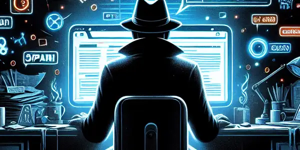 一个神秘的角色坐在昏暗房间的杂乱桌前，专注于发光的电脑屏幕。