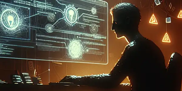 一个神秘的无性别人物坐在杂乱的桌子前，专注于发光的电脑屏幕，周围环境混乱。