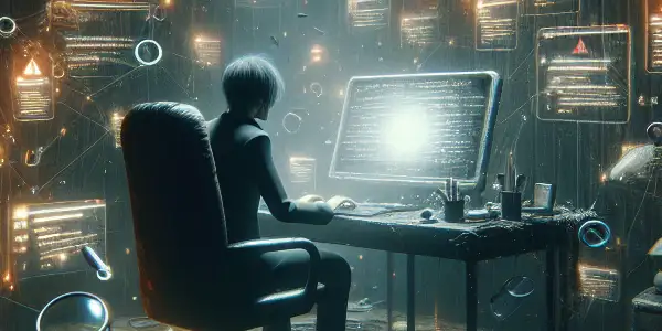 一个神秘的无性别人物在杂乱的桌子前，专注于发出阴森光芒的电脑屏幕。