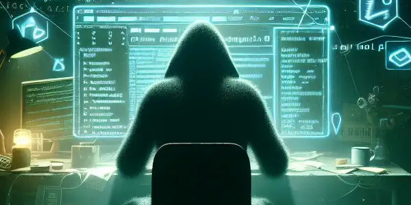 一个非二元性别者坐在昏暗房间的杂乱桌子前，专注于发光的电脑屏幕。