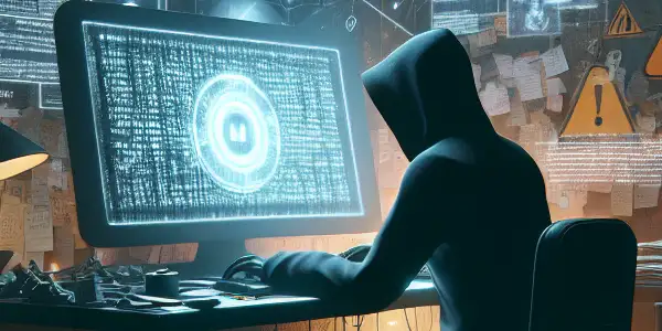 神秘的中性人物坐在杂乱的桌子前，专注于电脑屏幕上的复杂算法。