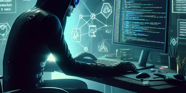 神秘的无性别人物坐在杂乱的桌子前，专注于发光的电脑屏幕，周围充满阴影和混乱。