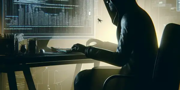 神秘角色在昏暗房间的杂乱桌子前，专注于发光的电脑屏幕。