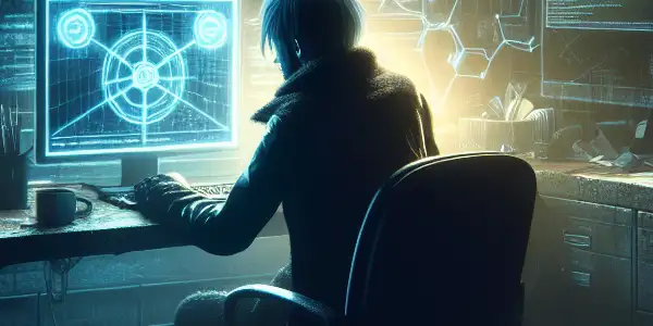 神秘的中性人物坐在昏暗房间的杂乱桌子前，专注于发光的电脑屏幕。