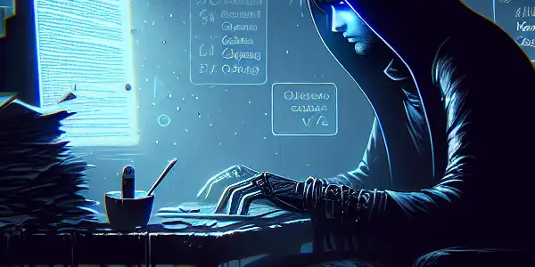 一位神秘的无性别人物坐在昏暗房间的杂乱桌前，专注于发光的电脑屏幕。