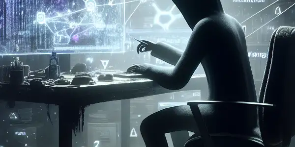 一个神秘的无性别人物坐在昏暗房间的杂乱桌子前，专注于发光的电脑屏幕。