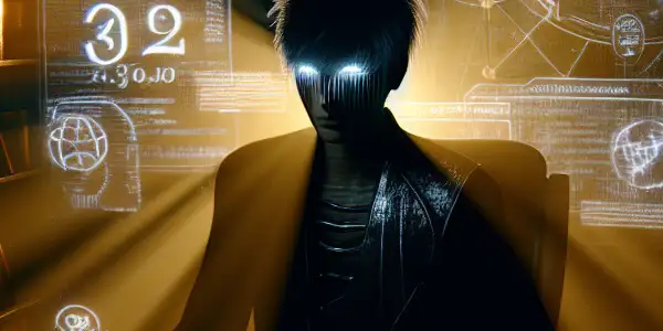 一个神秘的无性别人物坐在昏暗房间的杂乱书桌前，专注于发光的电脑屏幕。