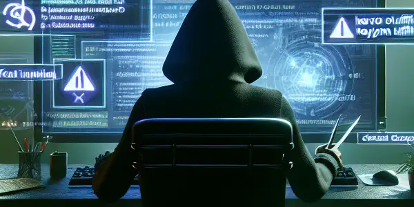 一个神秘的无性别角色坐在昏暗房间的杂乱桌前，专注于发光的电脑屏幕。