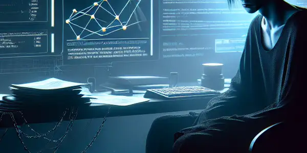 一个神秘的无性别角色坐在昏暗房间的杂乱桌前，盯着发光的电脑屏幕。