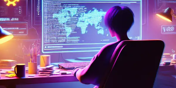 一个性别中立的角色坐在混乱的桌子前，专注于发光的电脑屏幕。