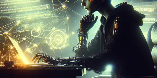 一个神秘的无性别角色坐在昏暗房间的杂乱桌子前，专注于发光的电脑屏幕。