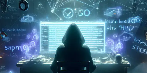 一位非二元性别者坐在昏暗房间的杂乱桌子前，专注于发光的电脑屏幕。