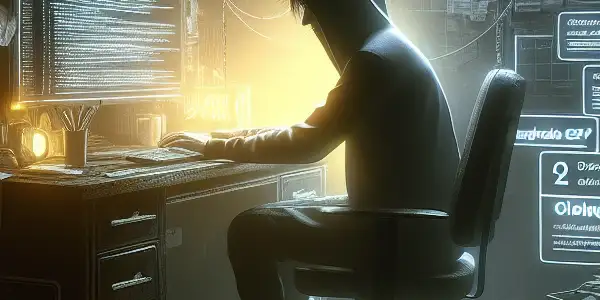 一位神秘的无性别人物坐在凌乱的桌前，专注于发光的电脑屏幕。