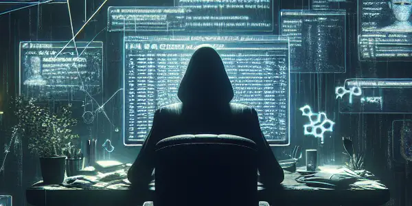 一个神秘的中性人物坐在昏暗房间的杂乱书桌前，专注于发光的电脑屏幕。