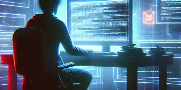 一个神秘的无性别人物坐在昏暗的桌前，专注于发光的电脑屏幕，周围杂乱无序。