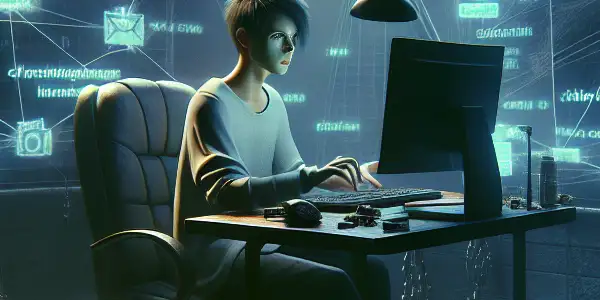 一个非二元角色坐在昏暗房间的杂乱桌子前，专注于发光的电脑屏幕，周围有关于黑帽SEO的警示符号和文件。