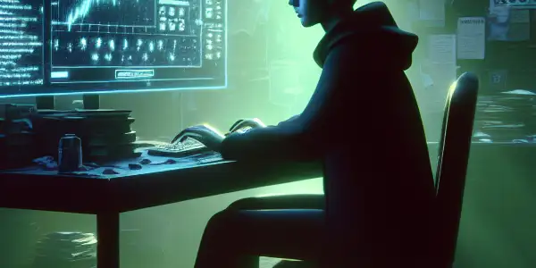 一个性别中立的角色坐在昏暗混乱的房间里，专注于发光的电脑屏幕。