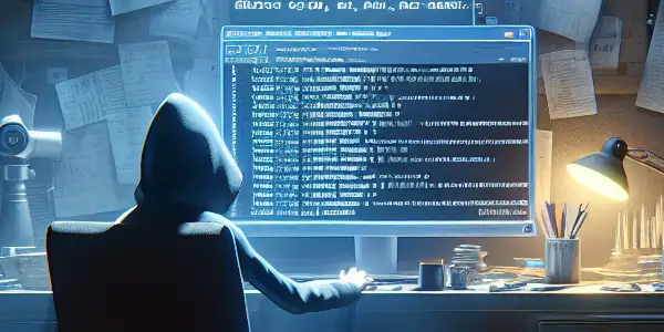 神秘角色坐在昏暗房间的杂乱桌子前，专注于发光电脑屏幕。