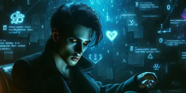 一个神秘的无性别人物坐在昏暗的房间内，专注于发出微光的电脑屏幕，周围环境杂乱无章。