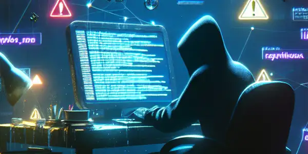 一个神秘的非二元性别者坐在杂乱的桌子前，专注于发光的电脑屏幕。