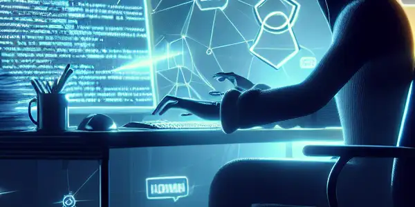 一个神秘的无性别角色坐在昏暗房间的杂乱桌子前，专注于发光的电脑屏幕。