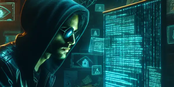 一个神秘的无性别人物坐在凌乱的桌子前，专注于发光的电脑屏幕。