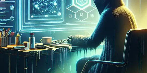 一个神秘的人物坐在杂乱的桌子前，专注于发光的电脑屏幕，周围散落着与黑帽SEO相关的文件和警告标志。