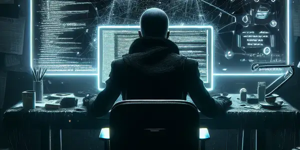 一个神秘的无性别人物在昏暗房间的杂乱桌子前专注于发光的电脑屏幕。