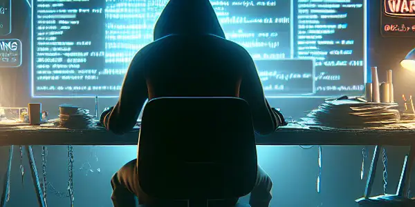 神秘的性别中立人物坐在昏暗房间的杂乱桌子前，专注于发光的电脑屏幕。