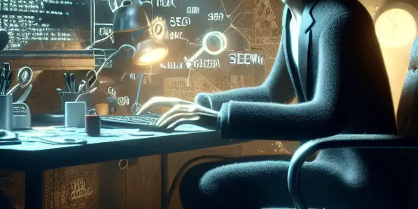 一个神秘的无性别角色坐在昏暗的房间里，专注于显示复杂SEO算法的电脑屏幕。