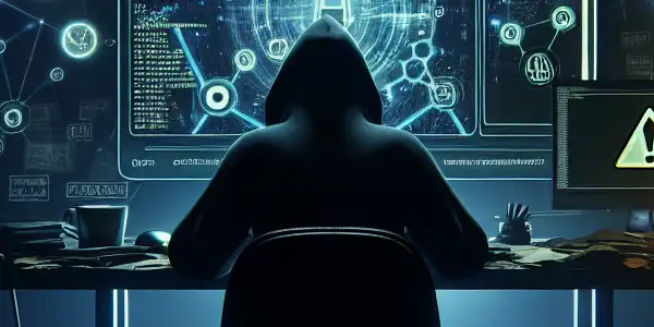 一个神秘的中性身影坐在昏暗房间的杂乱桌子前，专注于发光的电脑屏幕。