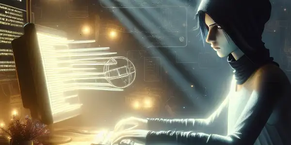 一个神秘的无性别角色坐在昏暗房间的杂乱桌前，专注于发光的电脑屏幕。