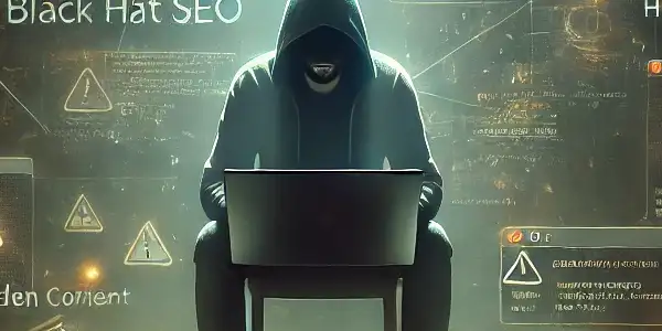 一个神秘的中性人物坐在昏暗杂乱的房间，专注于发光的电脑屏幕，周围充满黑帽SEO符号。