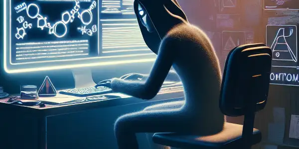 一个神秘的无性别人物坐在昏暗杂乱的房间里，专注于发光的电脑屏幕。