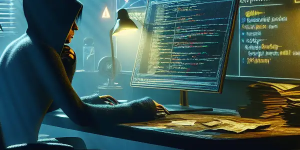 神秘的无性别人物坐在昏暗房间的杂乱桌子前，专注于发光的电脑屏幕。