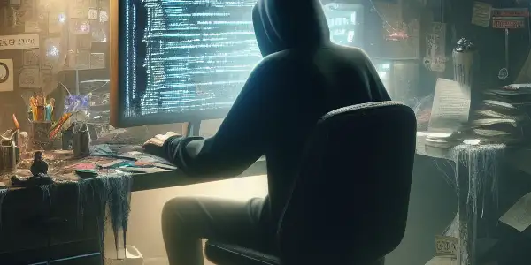 一个神秘的无性别人物坐在昏暗房间的杂乱桌子前，专注于发光的电脑屏幕。