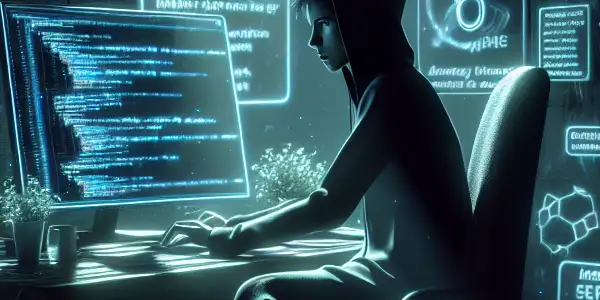 神秘的无性别人物坐在杂乱的桌子前，专注于发光的计算机屏幕。