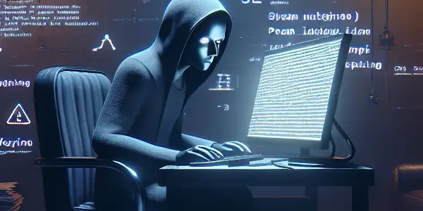 一个神秘的无性别人物坐在昏暗的桌子前，专注于发光的电脑屏幕，周围散落着与“黑帽SEO”相关的纸张。