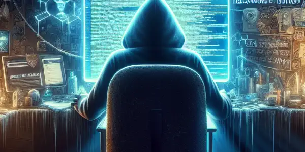 昏暗杂乱的房间中，一个神秘人物专注于发光的电脑屏幕，周围散落着与黑帽SEO相关的物品。