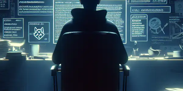 一个神秘的无性别人物坐在昏暗杂乱的房间，专注于发光的电脑屏幕。