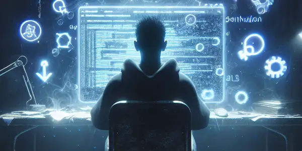 一个非二元性别的人物坐在昏暗房间的杂乱书桌前，专注于发光的电脑屏幕。