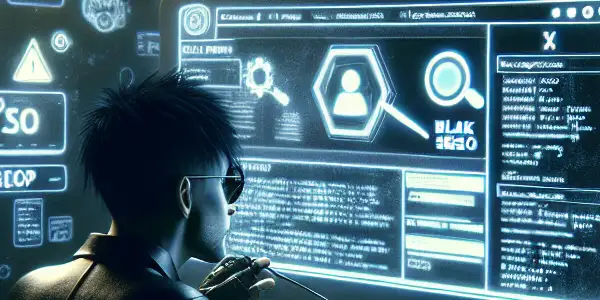 性别中立角色在昏暗房间的杂乱桌子前，专注于发光的电脑屏幕。