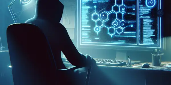 神秘的中性人物坐在昏暗房间的杂乱桌前，专注于发光的电脑屏幕。