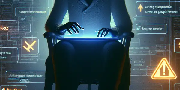 一个神秘的非二元角色坐在昏暗杂乱的房间，专注于发光的电脑屏幕。