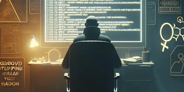 一个性别模糊的人物坐在昏暗杂乱的房间，专注于发光的电脑屏幕。